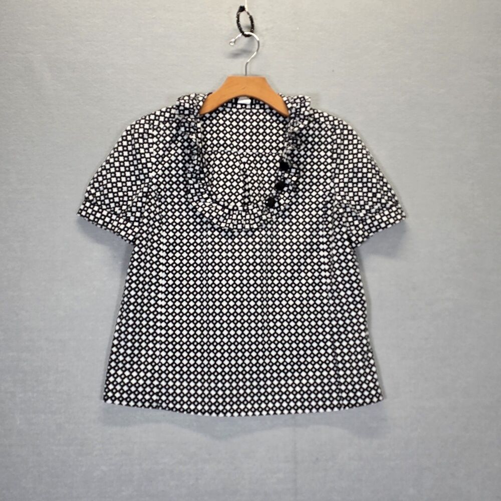 J Crew Shirt Womens  Ruffle Short Sleeve Blouse Round Neck  Black White Size  2
